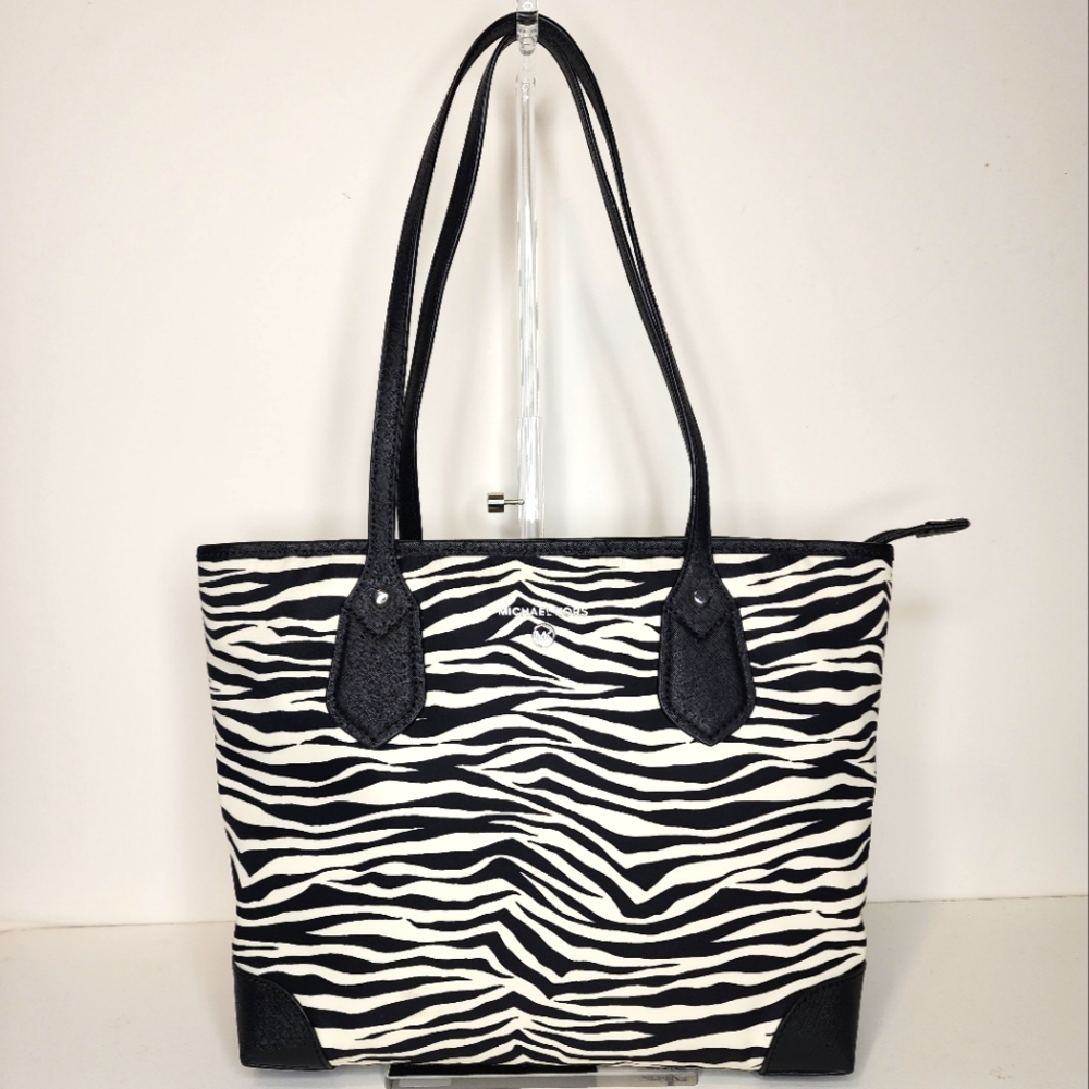 Michael Kors Eva Zebra Print Nylon Top Zip Small Tote Shoulder Bag